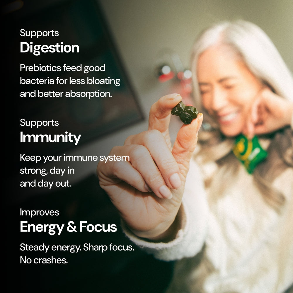 Grüns Adult Super Greens Multivitamin Gummies, Superfood Gummy Vitamins for Women and Men with Spirulina, Chlorella, Adaptogens & Prebiotic Fiber for Digestive Health (28 Count)